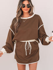 Schwarzer Farbkontrast lockerer Pullover und Schnürung Taille Skort Set – Damesmode Afbeelding 6 - Miniatuur