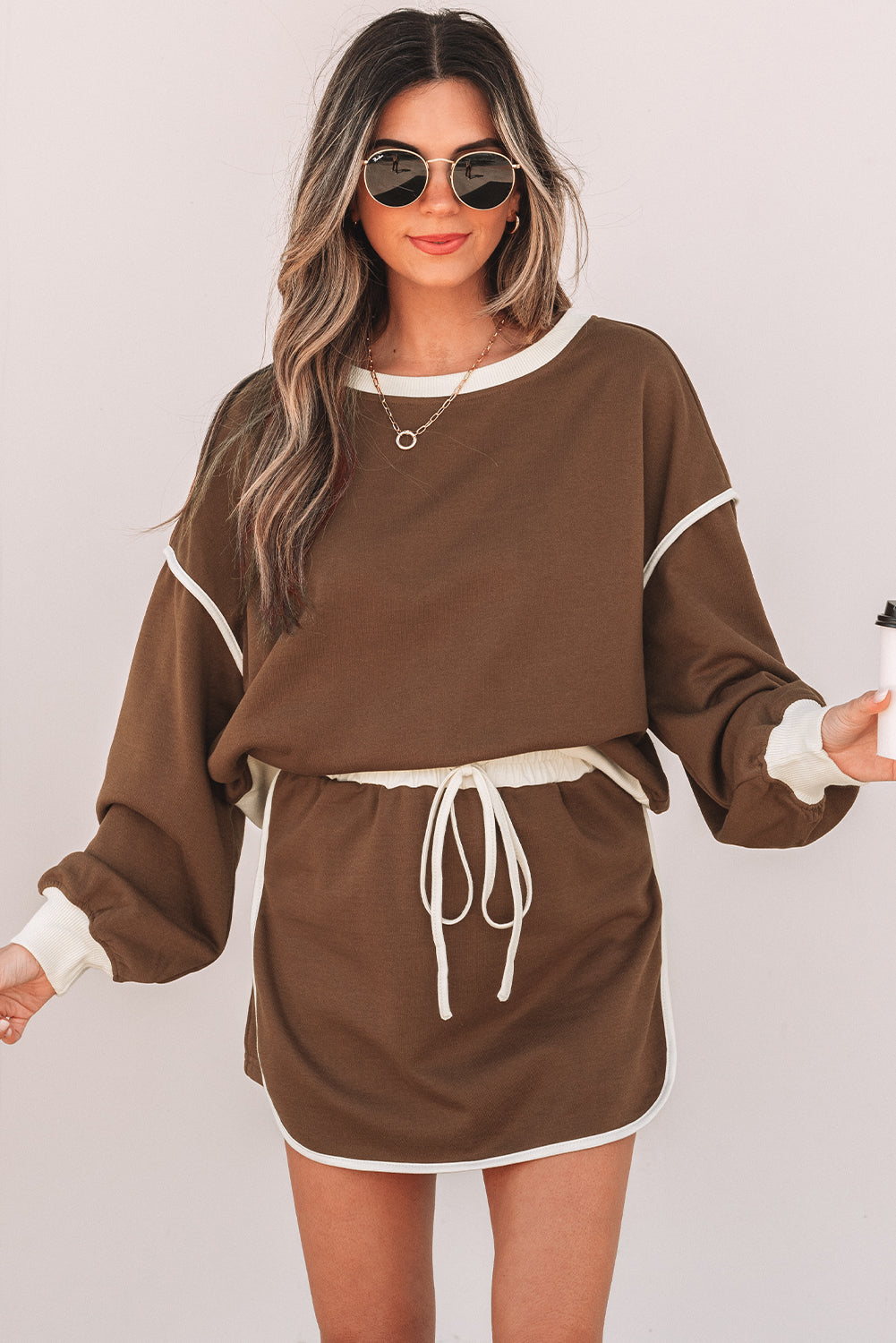 Schwarzer Farbkontrast lockerer Pullover und Schnürung Taille Skort Set – Damesmode Afbeelding 6