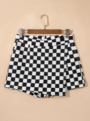 Black Checkered Print Overlap Denim Shorts - Damesmode Afbeelding 3 - Miniatuur