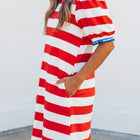 Blue Stripe Contrast Trim Round Neck Short Puff Sleeve Shift Mini Dress - Damesmode Afbeelding 6 - Thumbnail