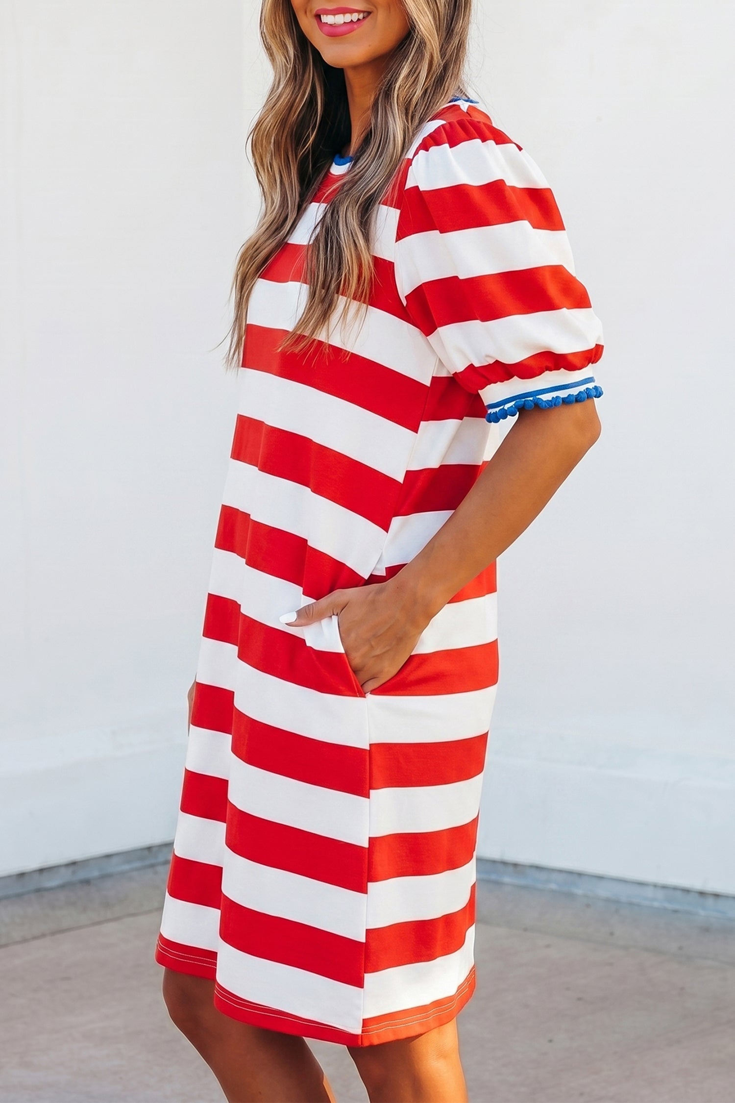 Blue Stripe Contrast Trim Round Neck Short Puff Sleeve Shift Mini Dress - Damesmode Afbeelding 6