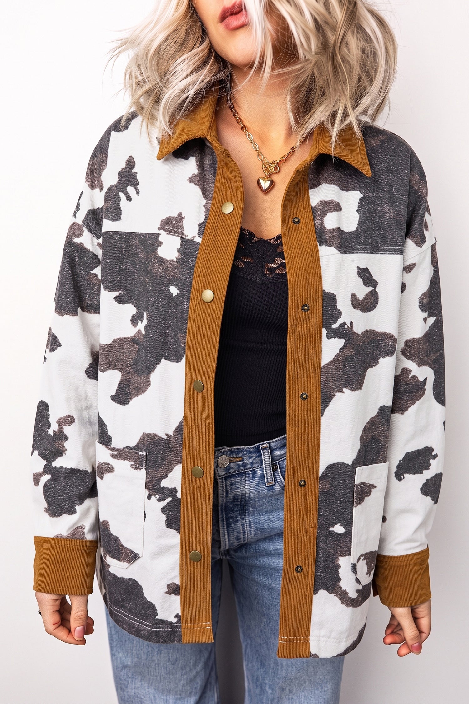 Veste en jean à manches longues à motifs de vache occidentale multicolores et boutonné