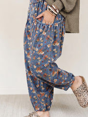 Beau Blue Retro Floral Print Elastic Waist Pocketed Barrel Jeans - Damesmode Afbeelding 3 - Miniatuur