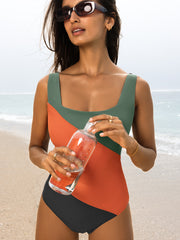 Duffel Green Color Block Padded Square Neck One Piece Swimsuit - Miniatuur