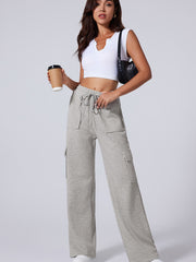 Light Grey Multi Pockets Lace-up High Waist Wide Leg Workout Pants - Miniatuur