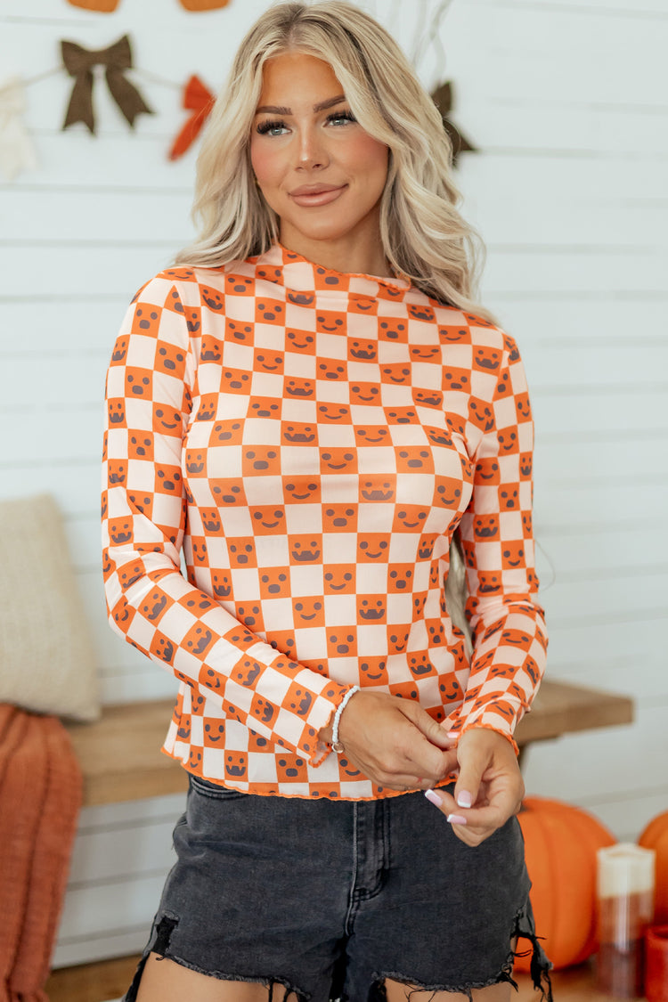 Orange Abstract Halloween Pattern Long Sleeve Stand Neck Shift Blouse - Damesmode