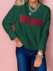 Blackish Green MERRY Letter Pattern Christmas Raglan Sleeve Sweater - Damesmode Afbeelding 1 - Miniatuur