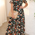 Sky Blue Fiery Floral Print Frilled V Neck Short Sleeve Maxi Dress - Foto 5