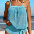 Turquoise Striped Mesh Knotted Hem Tankini Swimsuit - Foto 1