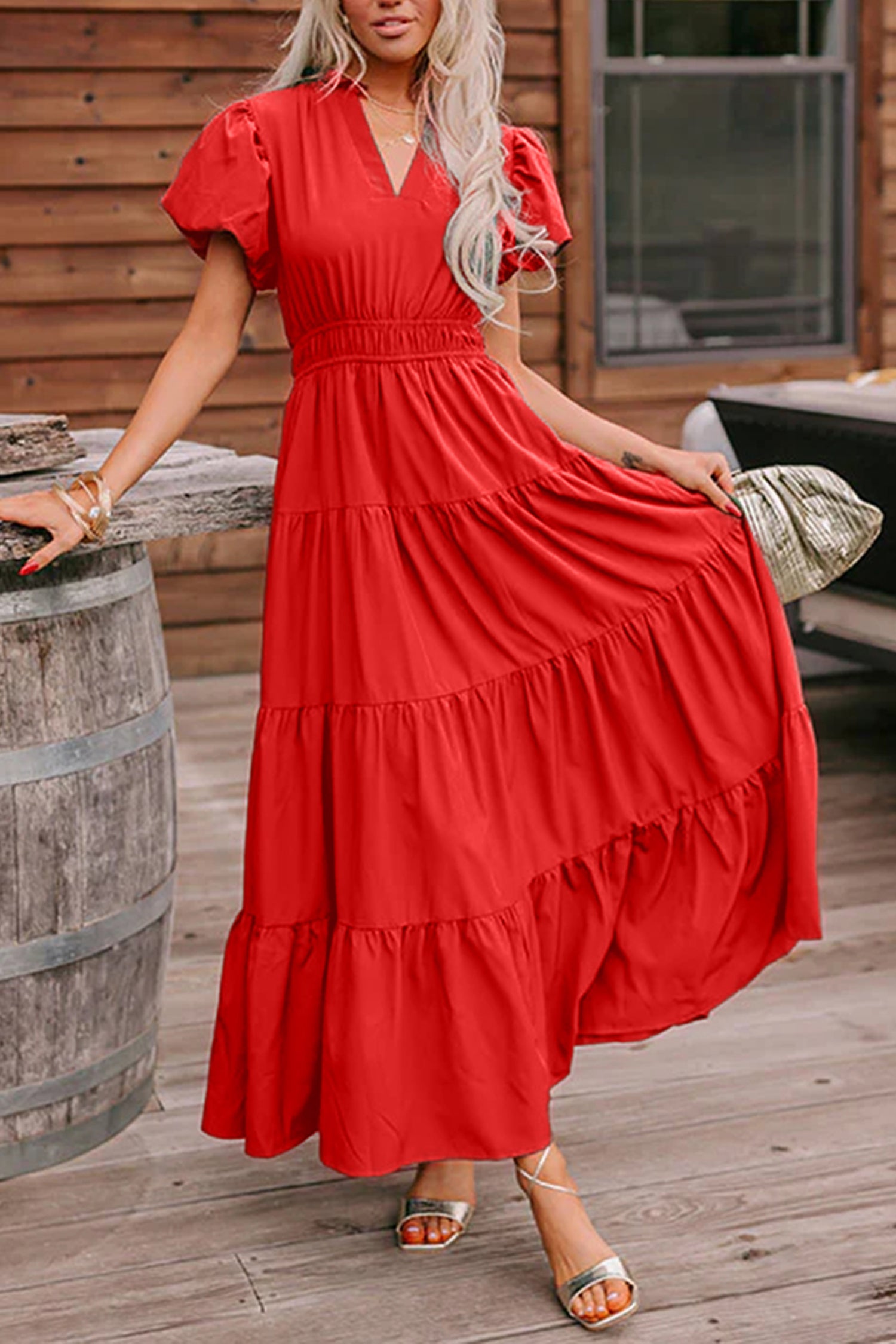 Bright Green Solid Color V Neck Short Puff Sleeve High Waist Tiered Maxi Dress - Damesmode Afbeelding 10