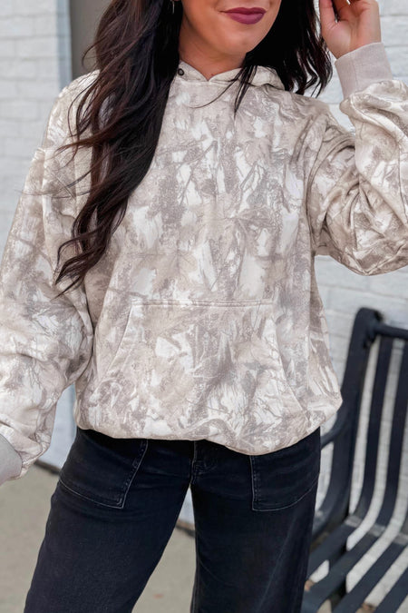 Gray Abstract Print Ribbed Cuffs Hem Long Sleeve Capuchontrui