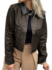 Multicolour Leopard Print Colorblock Collar Metal Placket Jacket - Miniatuur