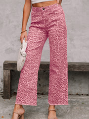 Brown Leopard Frayed Edge Wide Leg High Waist Jeans - Damesmode Afbeelding 4 - Miniatuur
