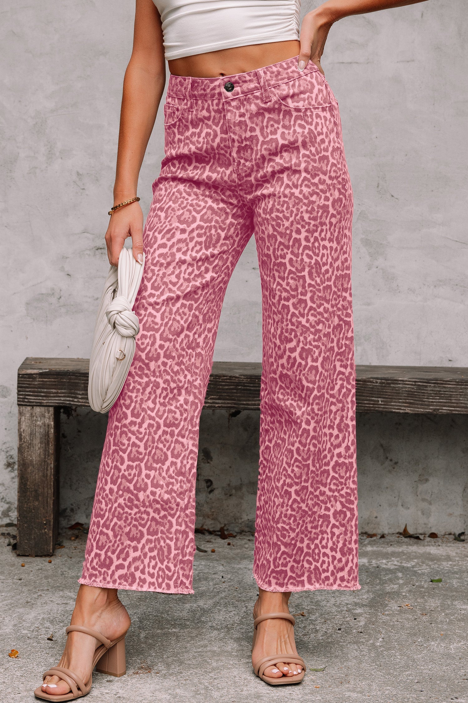 Brown Leopard Frayed Edge Wide Leg High Waist Jeans - Damesmode Afbeelding 4