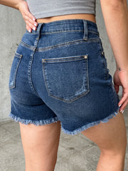 Beau Blue Asymmetrisk rå fåll Distressed Whiskery Denim Shorts - Damesmode Afbeelding 5 - Miniatuur