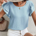 Mist Blue Solid Color Ruffled Short Sleeve Casual Blouse - Foto 3