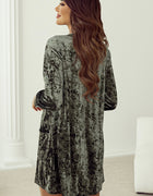 Jungle Green Velvet Long Sleeve V Neck Loose Dress with Pockets