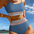 Dusk Blue Colorful Stitch Border Detail 2pcs High Waist Bikini Swimsuit - Foto 1
