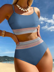 Dämmerungsblauer bunter Stitch Border Detail 2 Teile Bikini-Bikini-Badeanzug mit hoher Taille - Miniatuur