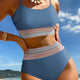 Dusk Blauw Colorful Stitch Border Detail 2pcs Hoge Taille Bikini Swimsuit