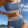 Dämmerungsblauer bunter Stitch Border Detail 2 Teile Bikini-Bikini-Badeanzug mit hoher Taille