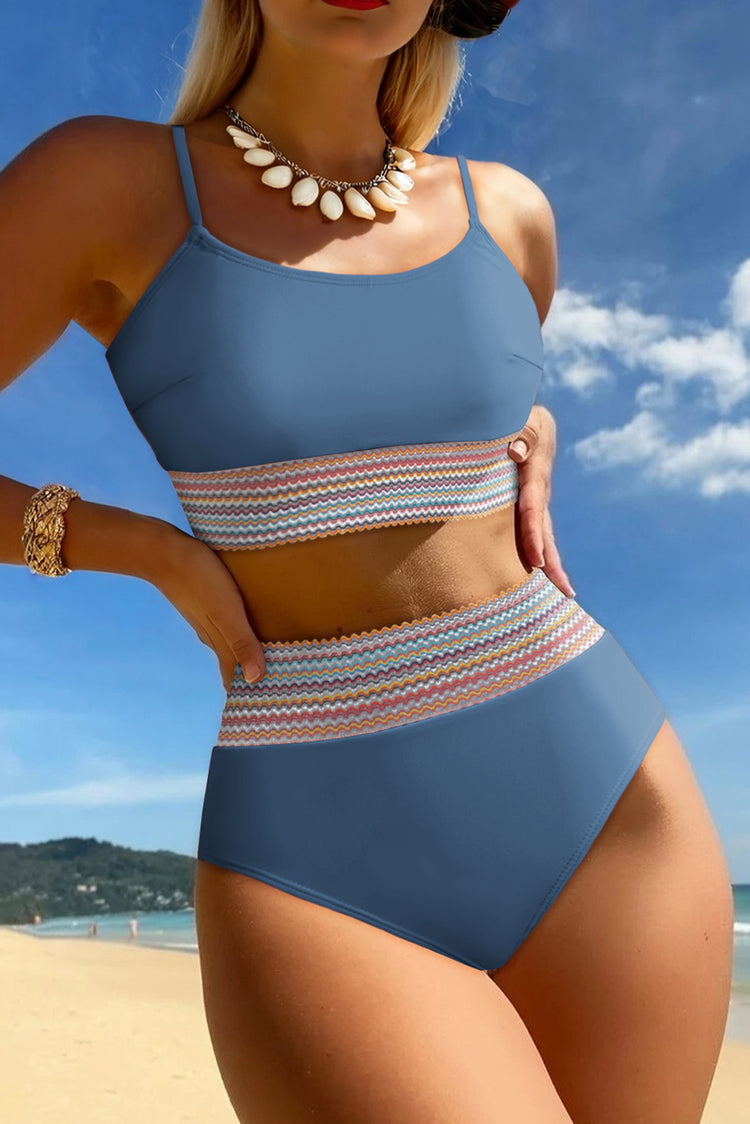 Dusk Blue Colorful Stitch Border Detail 2pcs High Waist Bikini Swimsuit - Damesmode