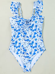 Blue Floral Ruffled Strap Lace-up Hollow Out One Piece Swimsuit - Damesmode Afbeelding 7 - Miniatuur