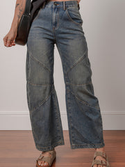 Sail Blue freiliegende Nähte, locker, gerade, hoch taille Barrel Jeans - Miniatuur