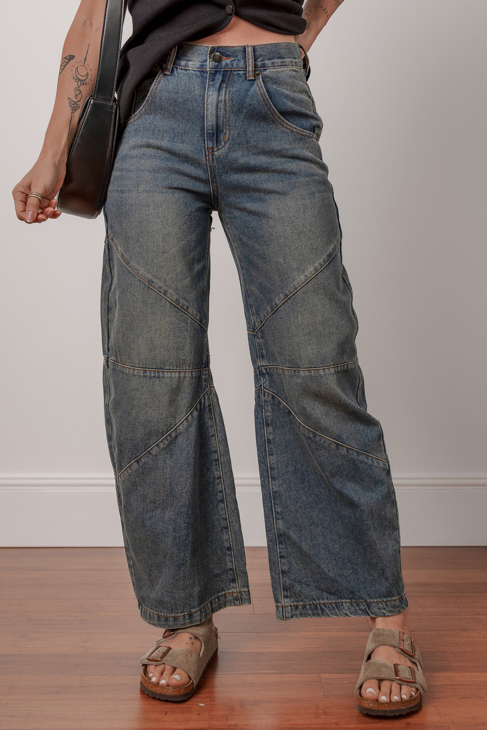 Sail Blue Exposed Stitching Løse, lige Jeans med høj talje