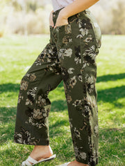 Green Vintage Floral Print Square Patch Pocket Raw Hem Shift Jeans - Miniatuur