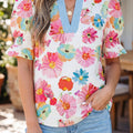 Beige Floral Print Short Puff Sleeve Striped Trim V Neck Blouse - Damesmode Afbeelding 1 - Foto 1