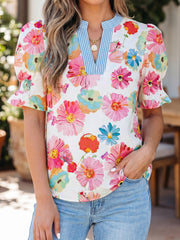 Beige Floral Print Short Puff Sleeve Striped Trim V Neck Blouse - Damesmode Afbeelding 1 - Miniatuur