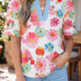Beige Bloemenprint Short Puff Sleeve Gestreepte Trim V Neck Elegante Blouse