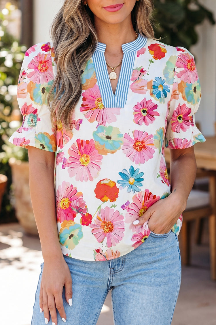 Beige Floral Print Short Puff Sleeve Striped Trim V Neck Blouse - Damesmode Afbeelding 1 - Damesmode