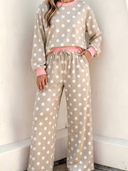 Khaki Polka Dot Contrast Trim Long Sleeve Top Drawstring Shift Pants Set - Miniatuur