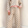 Khaki Polka Dot Contrast Trim Long Sleeve Top Drawstring Shift Pants Set