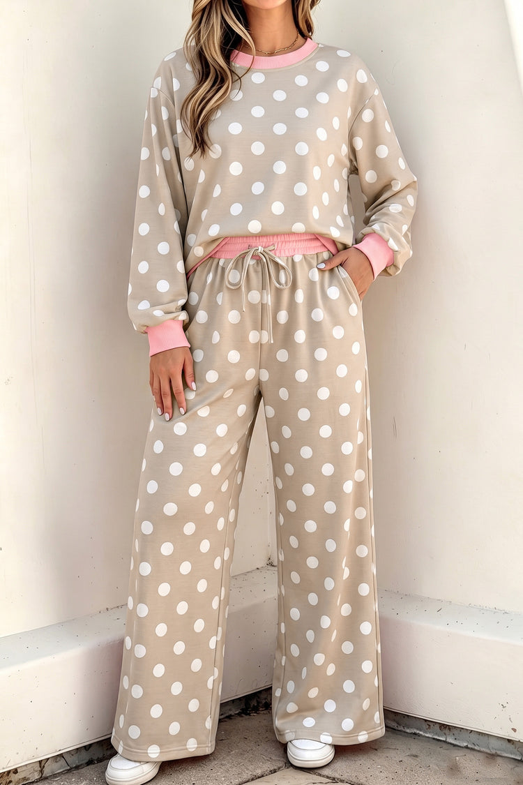 Khaki Polka Dot Contrast Trim mat laangärmege Uewen, Zuchschnouer-Shift-Boxen-Set - Damesmode
