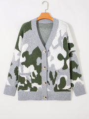Cardigan delantero de botón en V con escote en el cuello camuflaje verde - Miniatuur