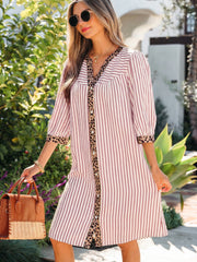 Khaki Stripe Square Button Leopard Trim Loose Bracelet Sleeve Shirt Dress - Miniatuur