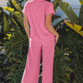 Bright Pink Solid Corded Knit Short Sleeve T Shirt and Wide Leg Pants Set - Damesmode Afbeelding 2 - Foto 2
