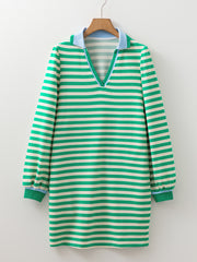 Green Striped Contrast Collar Split Neck Long Sleeve Mini Dress - Miniatuur