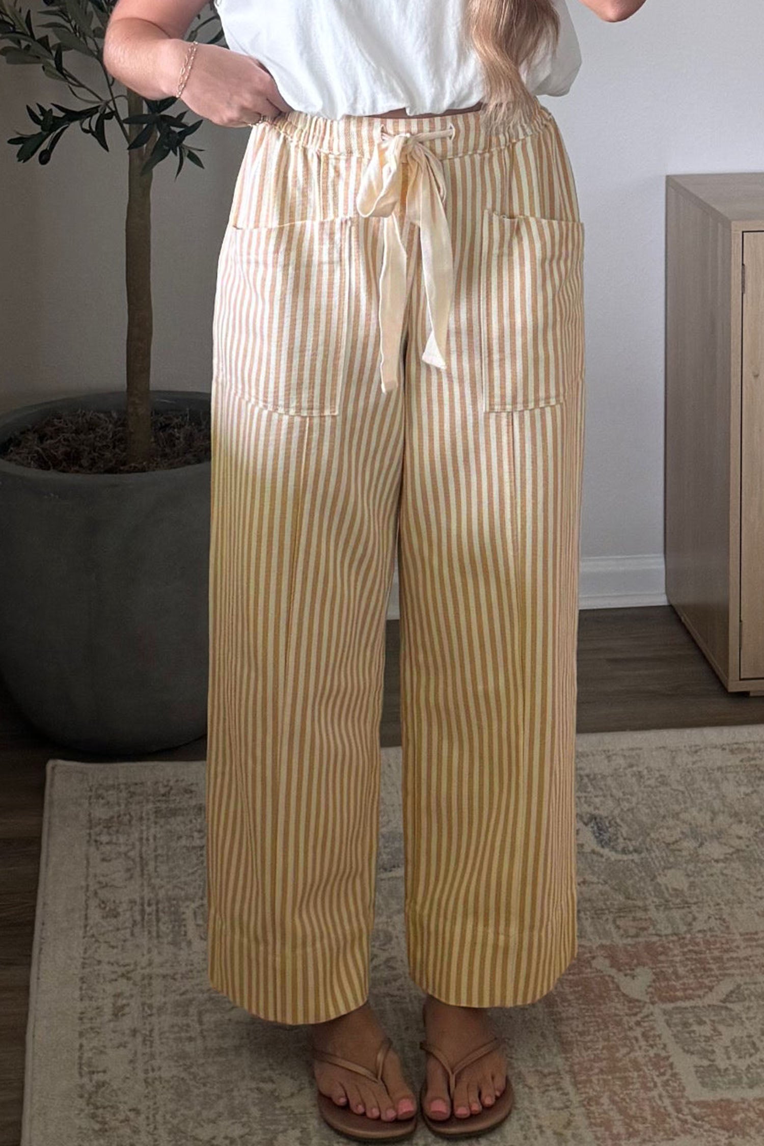 Apricot Stripe Ribbon Drawstring Waist Full-Length Shift Pant - Damesmode Afbeelding 5