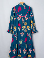 Blue Floral Print Gathered Neckline 7/8 Sleeve Casual Midi Dress - Damesmode Afbeelding 8 - Miniatuur