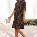 Brown Leopard Print Contrast Collar V-Neck Mini Dress - Damesmode Afbeelding 4 - Foto 4