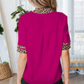 Violet Leopard Patchwork Trim Split Neck Short Sleeve Blouse - Foto 2