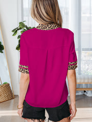 Violet Leopard Patchwork Trim Split Neck Short Sleeve Blouse - Miniatuur
