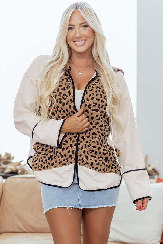 Brown Leopard Star Hooded Patchwork Contrast Piping Open Front Jacket - Damesmode Afbeelding 1