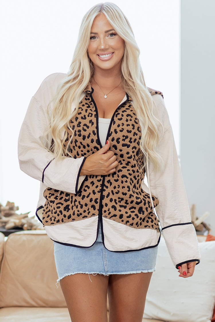Brown Leopard Star Hooded Patchwork Contrast Piping Open Front Jacket - Damesmode Afbeelding 1 - Damesmode