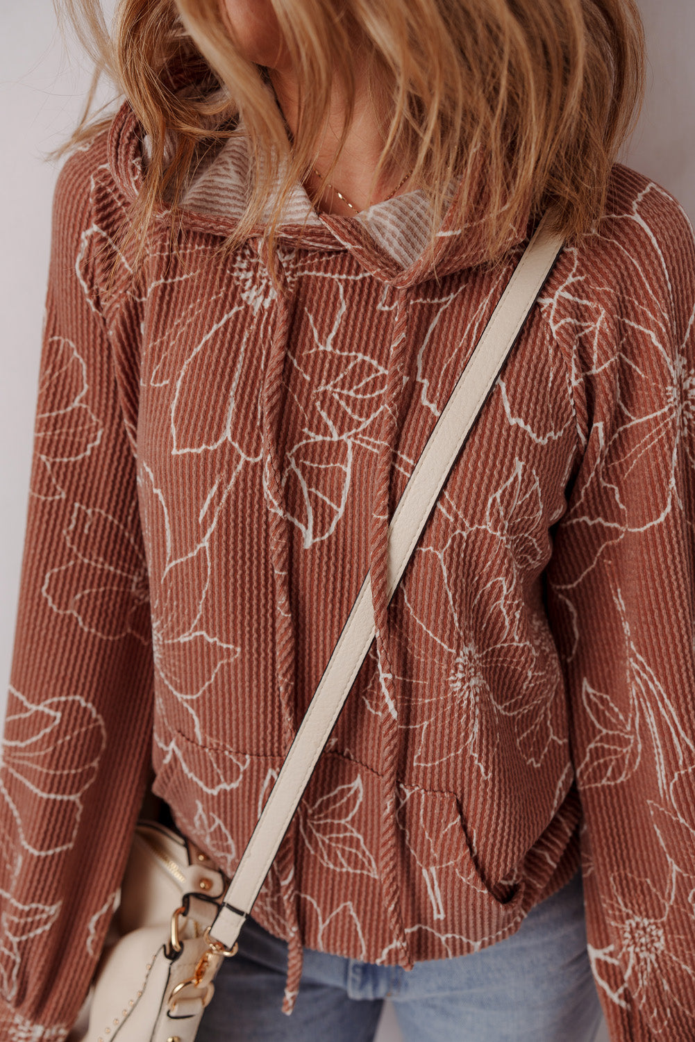 Brown Floral Twisted Rib Drawstring Kangaroo Pocket Hoodie - Damesmode Afbeelding 5