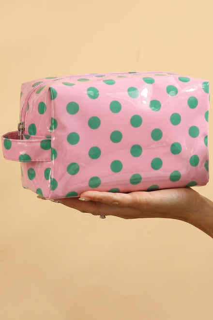 Busta trucco in PVC a pois resistente rosa chiaro
